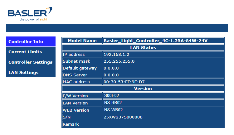 4C Controller Web Interface: Controller Info