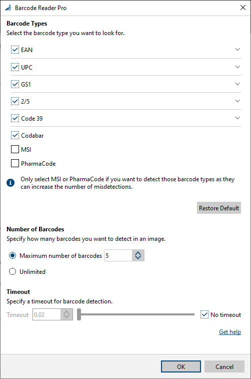 Barcode Reader Pro vTool Settings