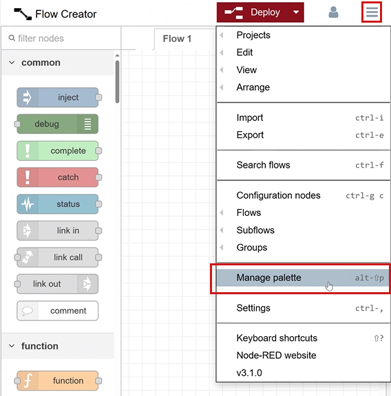 Siemens Flow Creator: Manage Palette