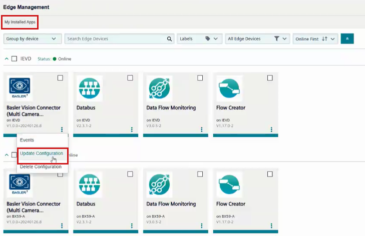 Basler Vision Connector: Updating the Configuration