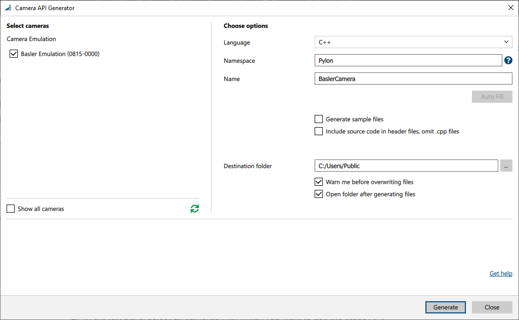 Camera API Generator Window