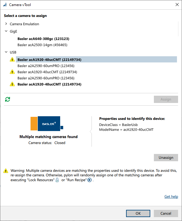 Camera vTool Dialog: Multiple Matching Cameras