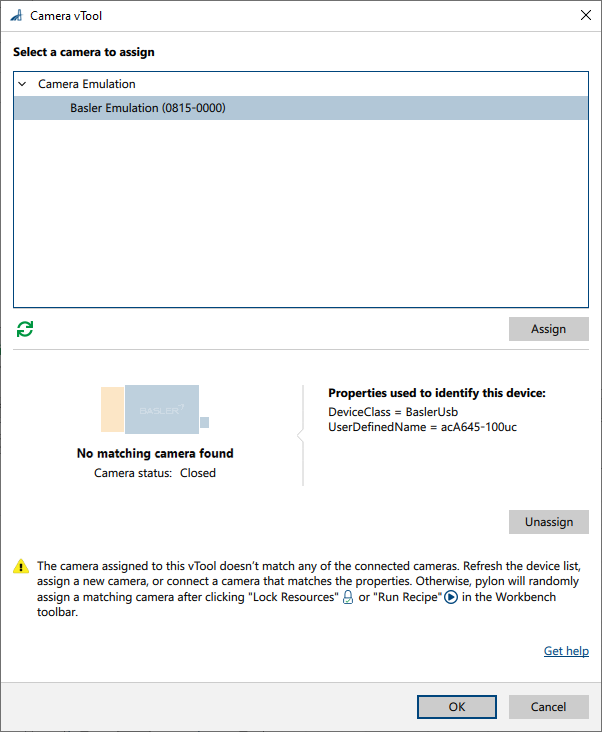 Camera vTool Dialog: No Matching Camera