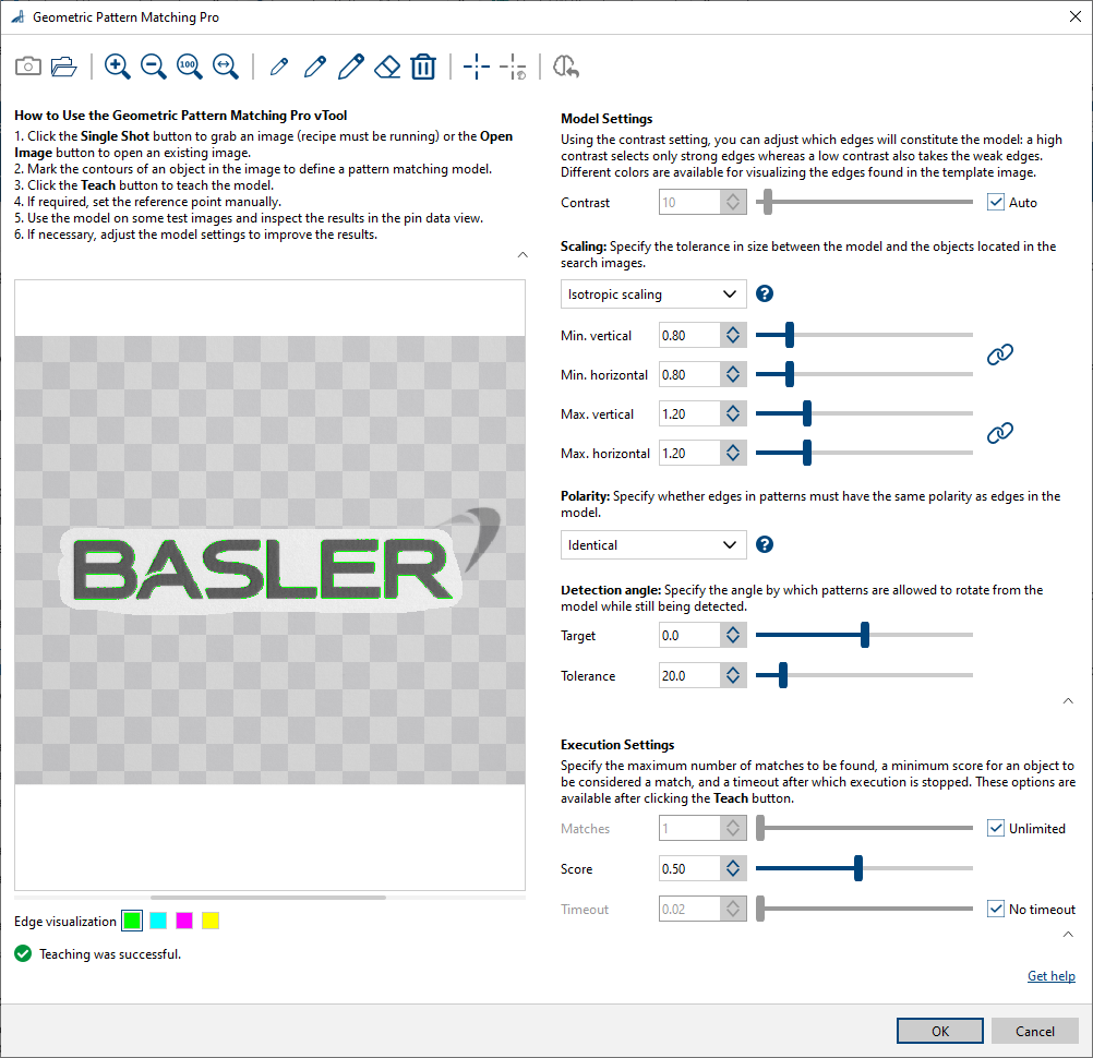 Geometric Pattern Matching Pro vTool Settings