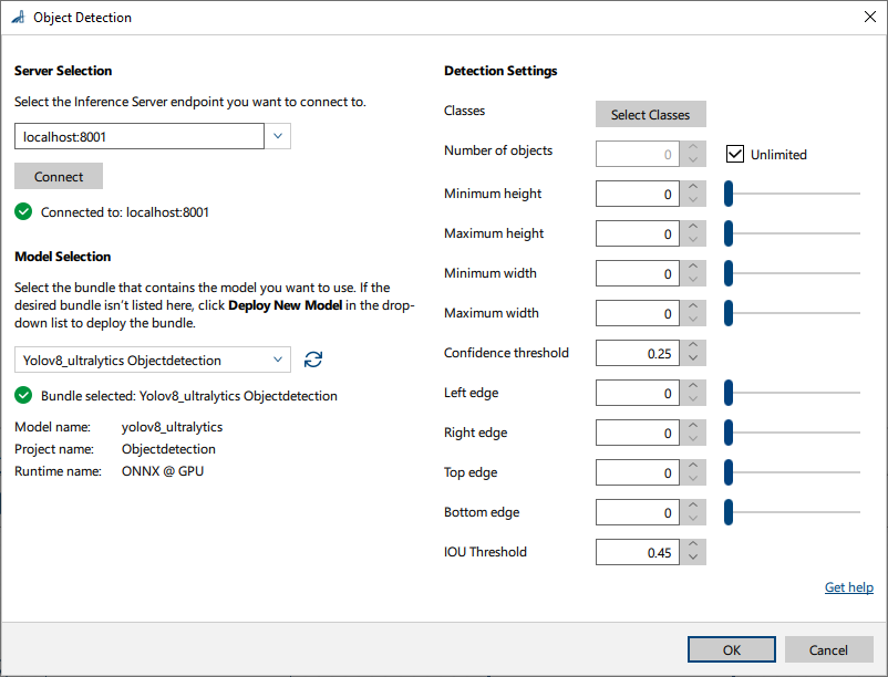 Object Detection vTool Settings