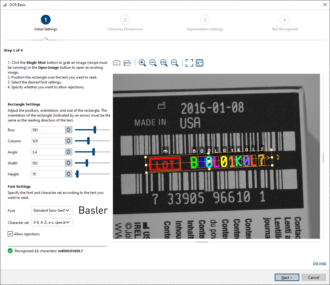 OCR vTool Settings - Step 1