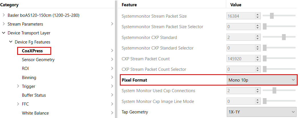 pylon Viewer: Setting Input Frame Grabber Pixel Format