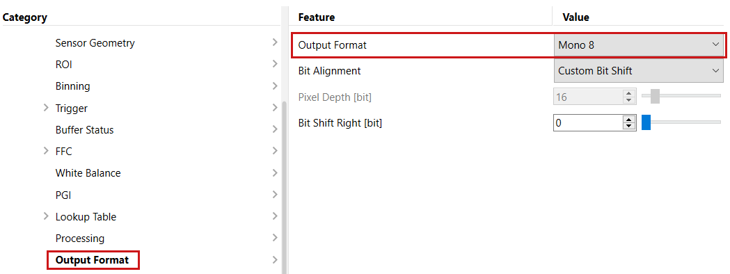 pylon Viewer: Setting Ouput Frame Grabber Pixel Format