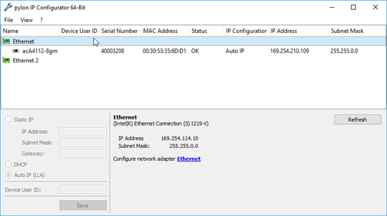 User Interface When a Network Adapter Is Selected