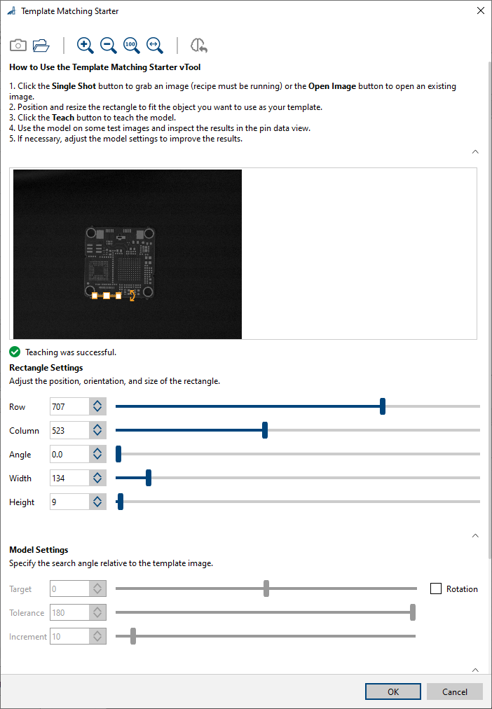 Template Matching Starter vTool Settings