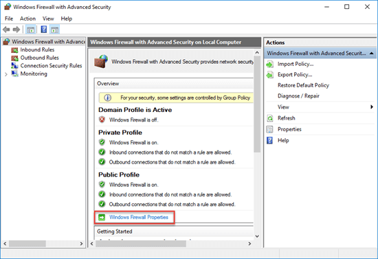 Windows Firewall with Advanced Security Window