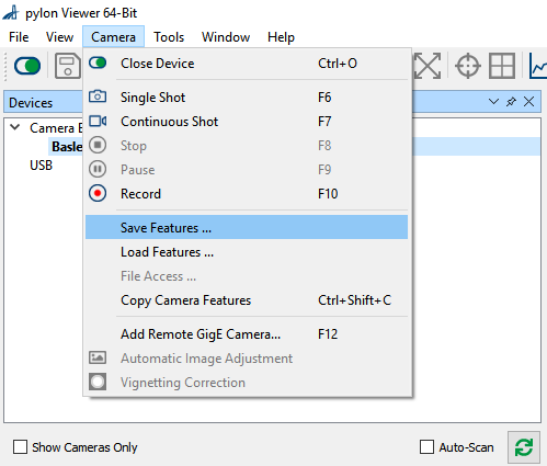 Saving Camera Parameters in pylon Viewer